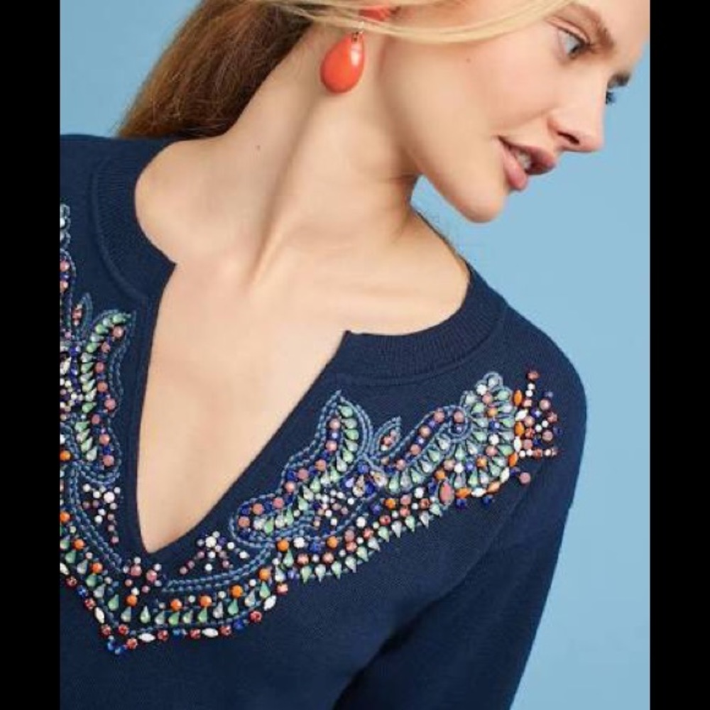 Anthropologie Beaded Pullover, Navy Blue